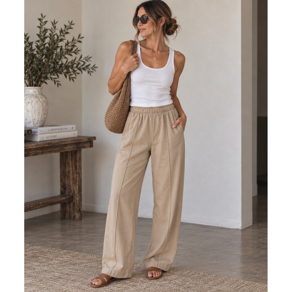 Gap Wide Leg Trousers Size XS Tan Pintuck Pull On Office Minimalist Neutral Pant